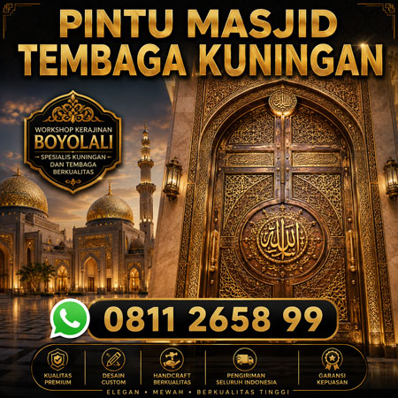 Pintu Masjid Tembaga Kuningan custom dari spesialis kerajinan kuningan dan tembaga Boyolali dengan desain kaligrafi premium.