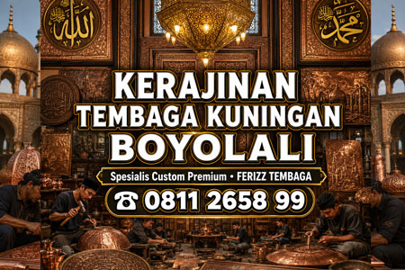 Kerajinan tembaga kuningan Boyolali oleh Ferizz Tembaga melayani pembuatan pintu masjid, kubah, lampu kuningan, kaligrafi, relief, logo kuningan, dan ornamen masjid custom.