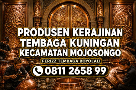Produsen Kerajinan Tembaga Kuningan Kecamatan Mojosongo Boyolali melayani pembuatan pintu masjid tembaga, relief, kaligrafi, kubah, lampu masjid dan ornamen tembaga custom berkualitas oleh FERIZZ TEMBAGA.